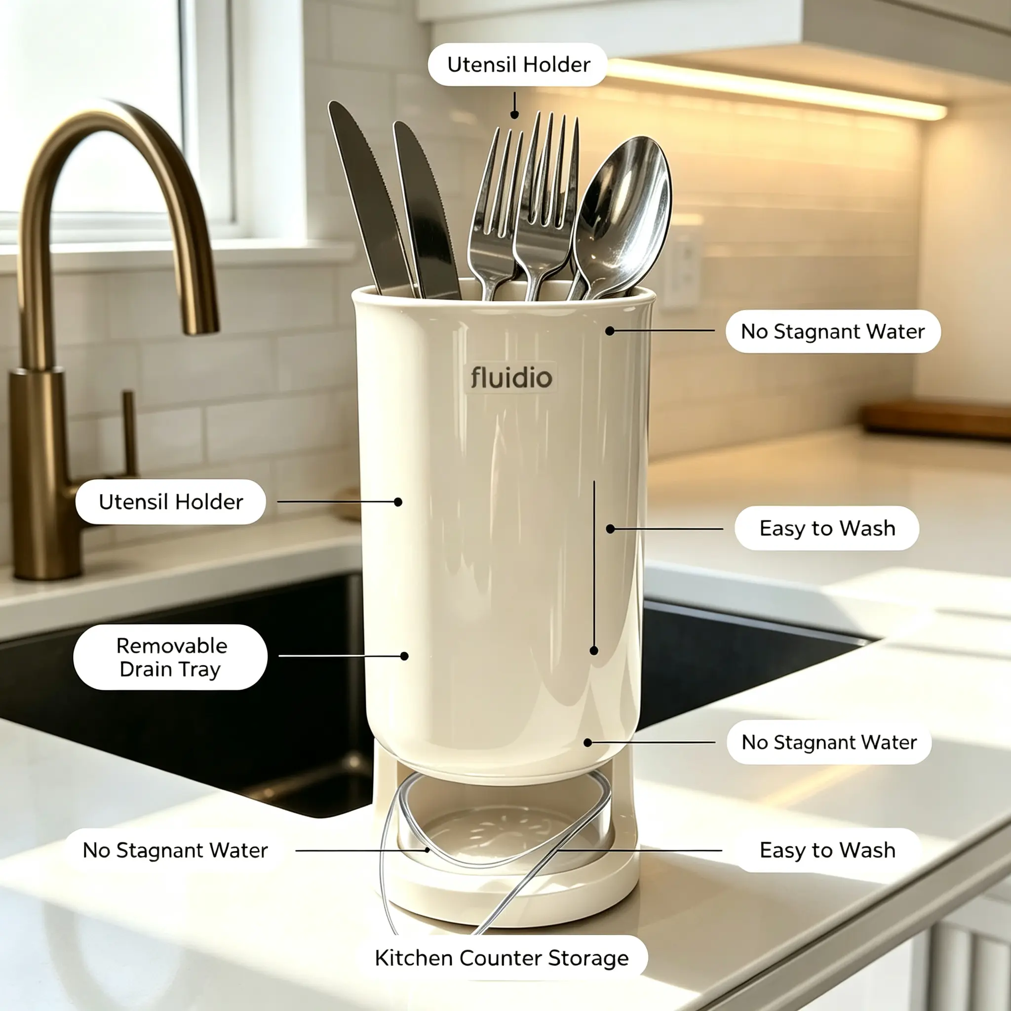 2-Pack Beige Countertop Self-Draining Utensil Drying Caddy - Vertical Kitchen Flatware Organizer with Removable Tray, Smooth Surface, Home Storage Rack