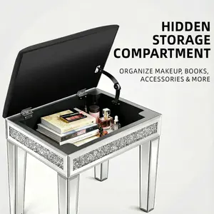 PETALLERIE Vanity Stool with Storage – Mirrored Legs, Velvet Cushioned Ottoman, Hidden Compartment, Sparkling Diamond Trim, Glam Makeup Chair & Piano Bench - Silver