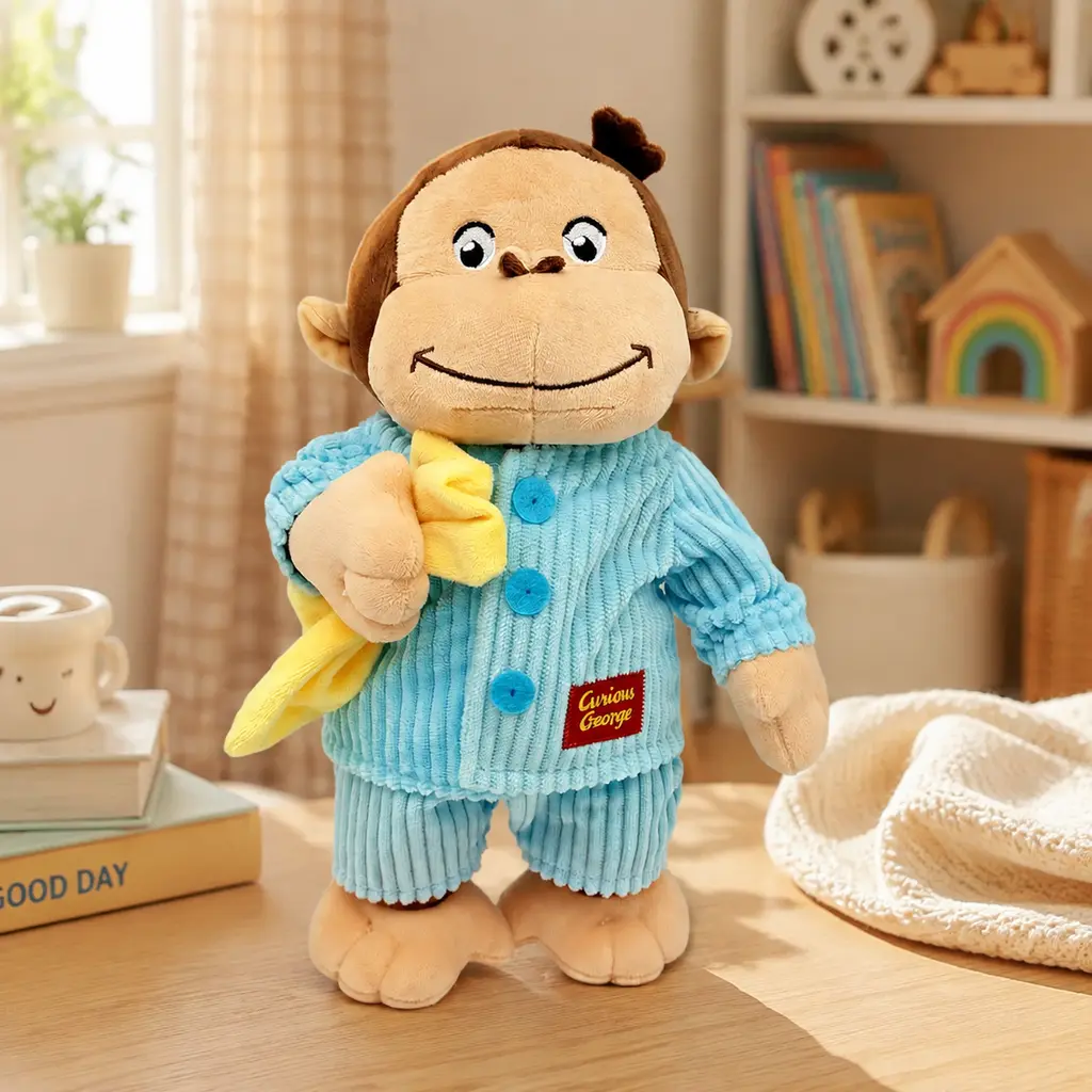 9.84inch Curious George Plush Monkey Doll, Soft Stuffed Animal in Blue Pajamas with Yellow Blanket, Cute Cartoon Character Plushie, Cuddle Toy Gift for Kids Toddlers