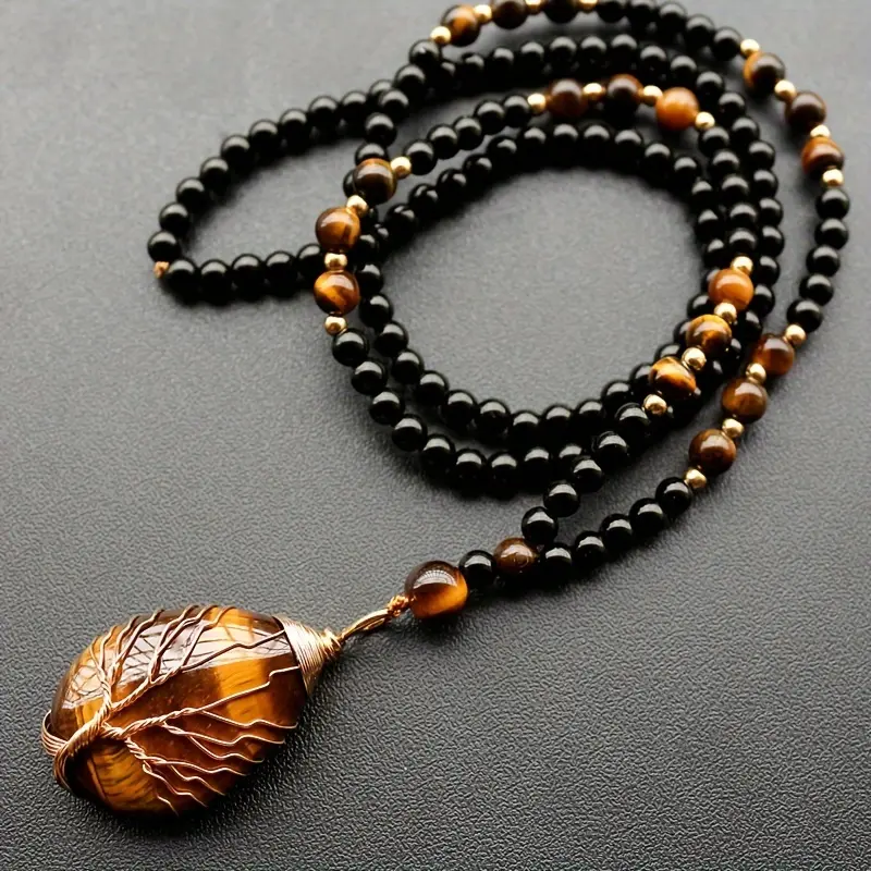 Natural Tiger's Eye Stone Tree of Life Bead Necklace - Unisex Artistic Costume Jewelry, Summer Men's Fashion Accessory, Bead Necklaces, Artistic Necklaces