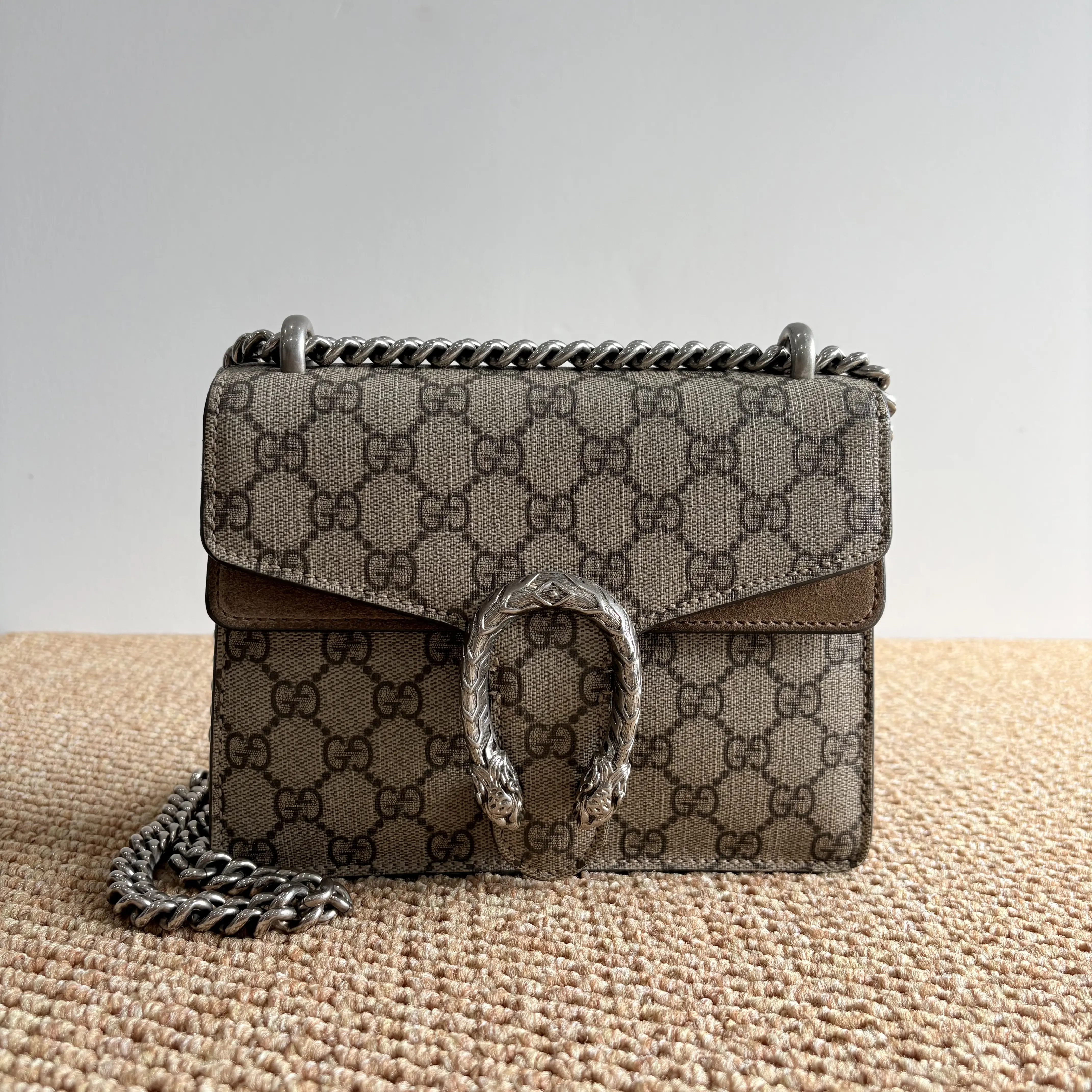 Pre-owned GUCCI Authentic Dionysus Small GG Supreme Beige Chain Shoulder Crossbody Bag