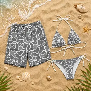 Grey Camo Couple Swimwear, Matching Bikini and Swim Shorts Set, Camouflage Beach Outfit His and Hers, Minimal Aesthetic Swimsuit