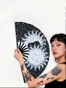 Gothic Glow Folding Fan, Hand Fan, Sun & Moon Constellation Design, Large Festival Fan, Halloween Cosplay Party Decoration Gift
