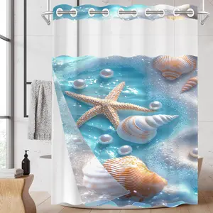 1 Pack No Hook Double Layer Shower Curtain, Pearl, Shell & Starfish Print Bath Curtain, Waterproof, Mildew Resistant, Durable Fabric, Beach Home Decor, Removable Liner, Top See-Through Window, Partition Curtain 71"×74"