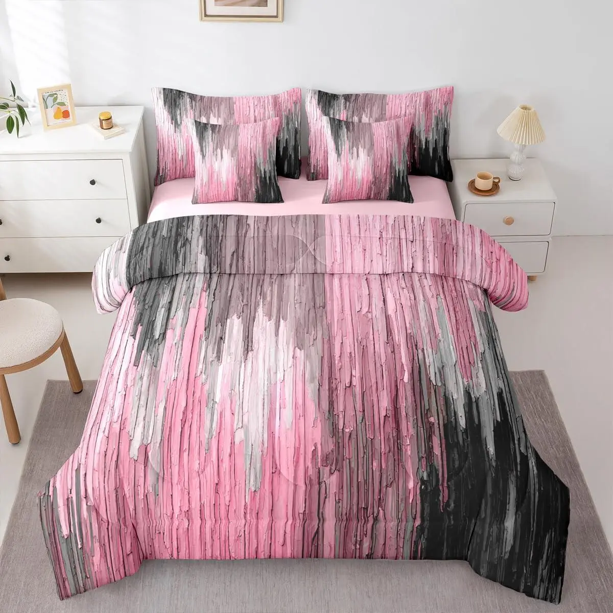 Abstract Pattern Black Pink 7 Piece Bedding Set,| Grey Oil Painting Comforter Set with Sheets Geometric Graffiti Girls Women Bed in A Bag Kids Adults Bed Sets
