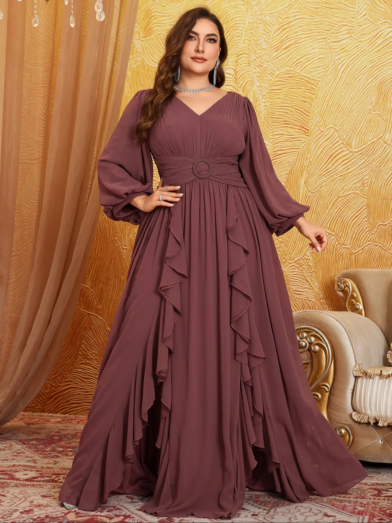Elegant Chic V-Neck Chiffon Long Sleeve Lantern Sleeve Maxi Dress, Classy Dresses, Waist Pleated Patchwork Decorative Button Lace Hem Formal Wear Evening Party Gown