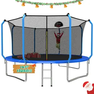 Mersco 14ft Kid Trampoline Outdoor with Basketball Hoop, Airpump, Safety Enclosure Net & Ladder, ASTM Approved, Blue, Ideal for Kids & Adults, Backyard Playground Equipment
