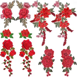 10pcs(5 Pairs) Red Flower Embroidered Sew On Patches Floral Roseflower Embroidery Garment Appliques Embellishments for DIY Jeans Jackets Clothes Sewing Crafts, 5 Styles