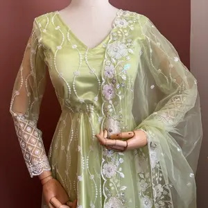 Heavy Embroidery Gown Kurta in Light Green with Floral Patterns and Sheer Overlay Sleeves