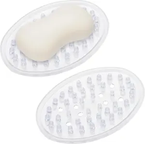 2 Pieces Plastic Soap Dish Clear Bar Holder Tray Self Draining Soap Saver with Holes Soap Container for Bathroom Counter, Kitchen Sankoly