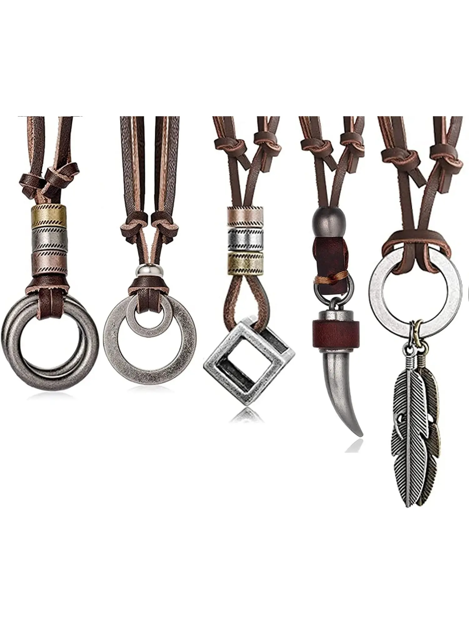 Vintage 5 Pcs Retro Pendant Necklaces for Men Women Leather Alloy Jewelry Set Adjustable Black Leather Cords Chunky Metal Charms Feather Square Ring Horn Designs for Bohemian Punk Styling, Boho Style Necklace