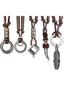 Vintage 5 Pcs Brown Leather Pendant Necklace Set for Women Men Bohemian Punk Styling, Boho Style Jewelry, Refined Alloy Artistic Charms Feather Motifs Geometric Square Ring Shapes Natural Horn Silhouettes Timeless Retro Rustic Charm