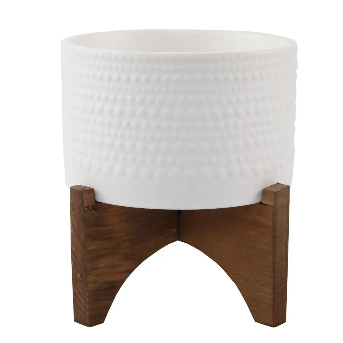 Flora Bunda CT903E-MTWH 5 in. Hobnail Ceramic Planter, Matt White - Handcrafted Decorative Indoor Standable Tabletop Flower Pot on Wood Stand, Decorative Flower Pots, Handcrafted Flower Pots