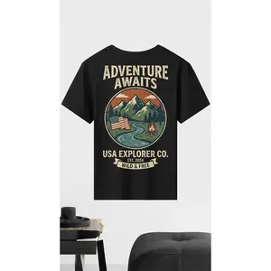 "Adventure Awaits T-Shirt |   Vintage USA Explorer Co. Graphic Tee |   Mountain Camping Bonfire River American Flag Wild & Free Outdoor Hiking Nature Lover Shirt"