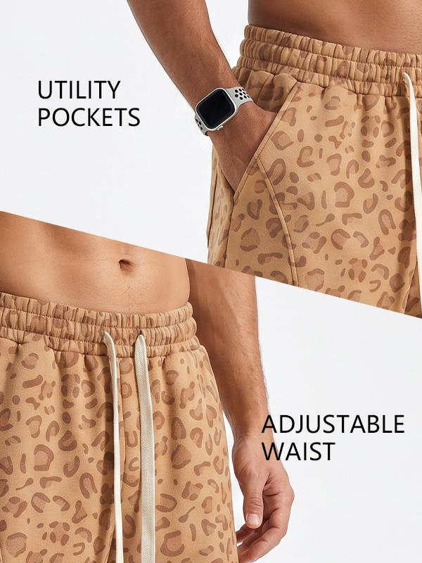 Men's Cotton Blend Sweat Shorts Casual Athletic Lounge Shorts with Pockets, Leopard Print & Acid Wash Loose Fit Drawstring Gym Shorts for Summer Workout