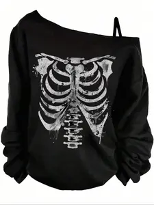 Viral Edgy Y2K Gothic Aesthetic Oversized, Loose Black Skeleton Chest Print Soft Cotton One-shoulder Draped Long-sleeve T-shirt – Womenswear Edgy Streetwear/Party/Concert Outfit, Comfortable Breathable Fabric, Bold Graphic Design, Draped Silhouette
