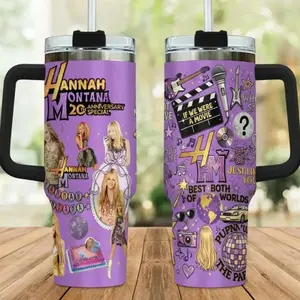 Hannah Montana Inspired 40oz Tumbler With Handle, Purple Pop Star Aesthetic Cup, Retro Music Lover Insulated Mug 30oz 40oz