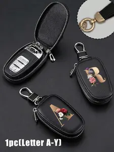 Fashion Flower Keychain with Letters A-Y, PU Leather Material, Ideal for Car, Home, Office, Valentine's Day Gift, Keychain for Bags