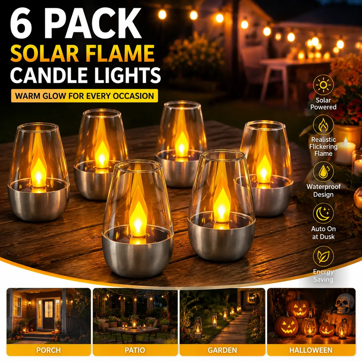 Solar LED Flame Candle Night Light, no open flame, waterproof outdoor light, motion sensor auto on/off, warm yellow, realistic flickering flame garden lantern landscape