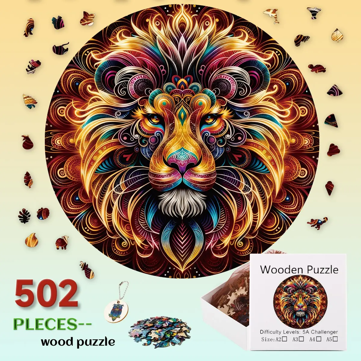 Circular Lion Head Wooden Jigsaw Puzzle 502 Pieces, Unique Non-Standard Shape, Perfect Gift for Christmas, Halloween, Birthday, New Year, Family Game, Shape Recognition Puzzles, DIY Wooden Puzzle, Interlocking Puzzle, Creative Puzzle