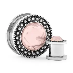 Beaded Centered Pink CZ Plugs