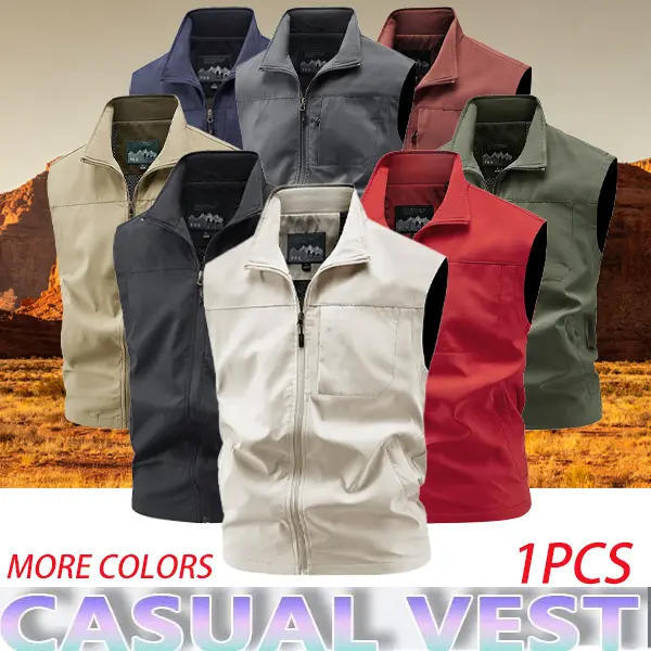 Men’s solid-color vest jacket with a stand collar and multiple pockets; multifunctional outdoor windproof and waterproof casual sports vest; regular-fit outdoor fishing vest; men’s outerwear suitable for all seasons. Summer Wins #fathersdaygift