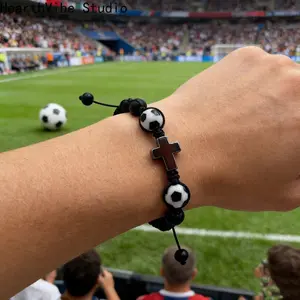 Cross Motif Braided Bracelet — Black Cross and Frosted Bead Woven Bracelet