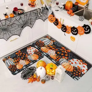 2/3pcs Autumn Thanksgiving Vintage Watercolor Pumpkin Kitchen Carpet Floor Mat, Comfortable Soft Flannel Floor Mat, Kitchen Non slip Floor Mat Suitable for Kitchen, Entrance Door, Laundry Room, Bathroom, Living Room, Room Decoration Floor Mat