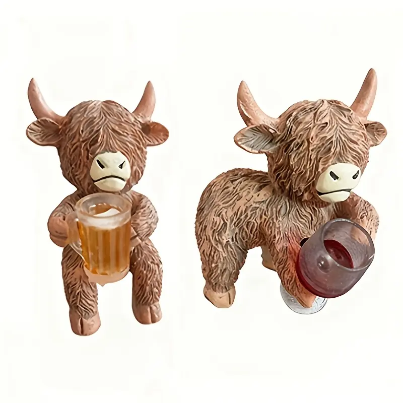 Highland Cow Artificial Resin Statue Flower Pot - Wine Glass & Beer Glass Design Animal Pattern Planter, Durable Lightweight Outdoor Decor Flower Pots & Planters for Garden Courtyard