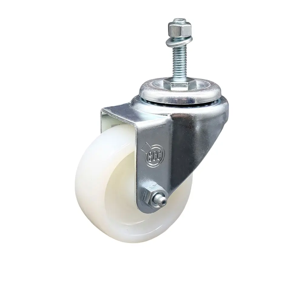 Service Caster SCC-SSTS20S314-NYS-M1015 Durable Stainless Steel Nylon Swivel Threaded Caster - 3x1.25 in White Nylon Wheel, 10 mm Stem, 300 lbs Load Capacity, 5" Hx5" Wx5" L, Maintenance-Free for Material Handling Carts, Equipment
