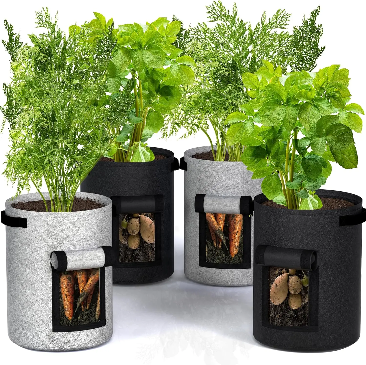 10-Gallon Potato Grow Bags Pack of 4 – Foldable, Breathable, and Non-Woven Vegetable Planters – Easy to Move Gardening Pots with Reinforced Handles and Harvest Flap (2 Grey, 2 Black)