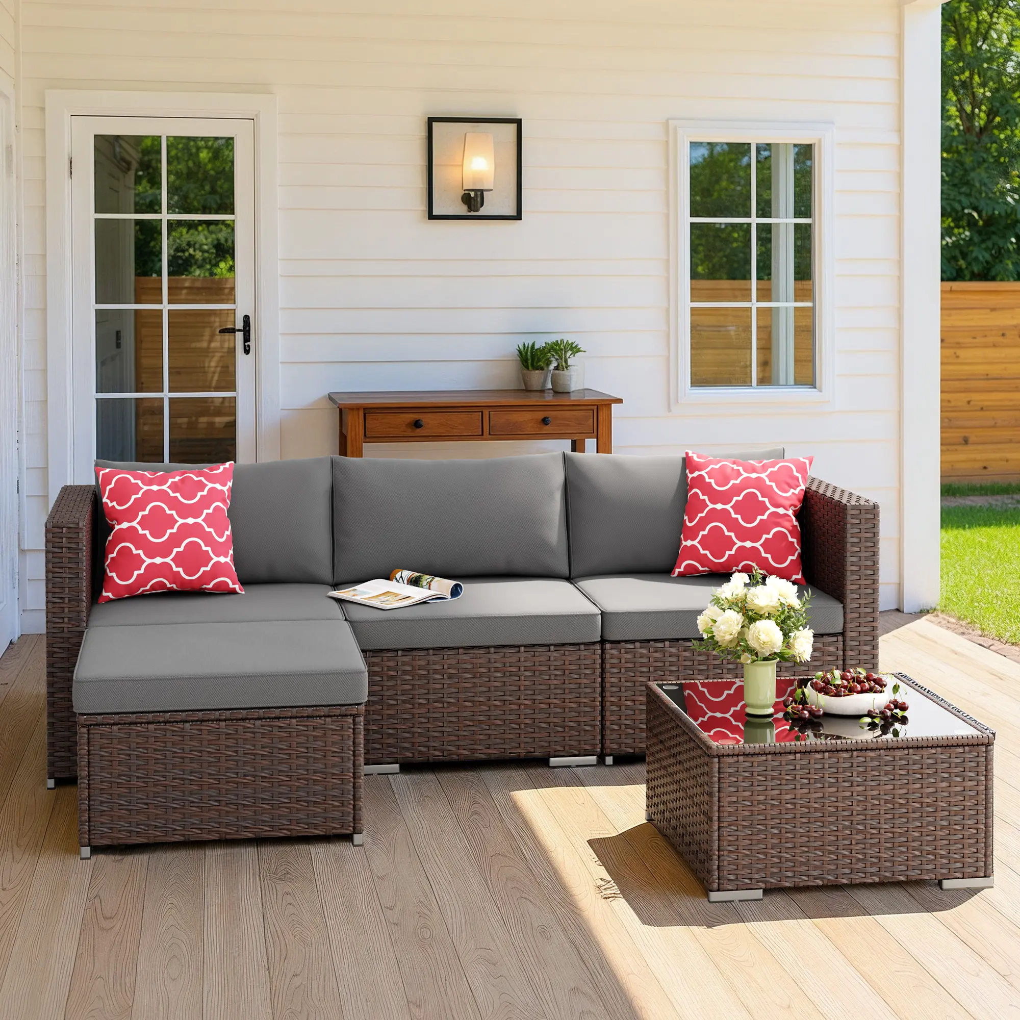 Gizoon 5 Pieces Patio Furniture Set All Weather Outdoor Wicker Sectional Patio Furniture with Cushion and Glass Table