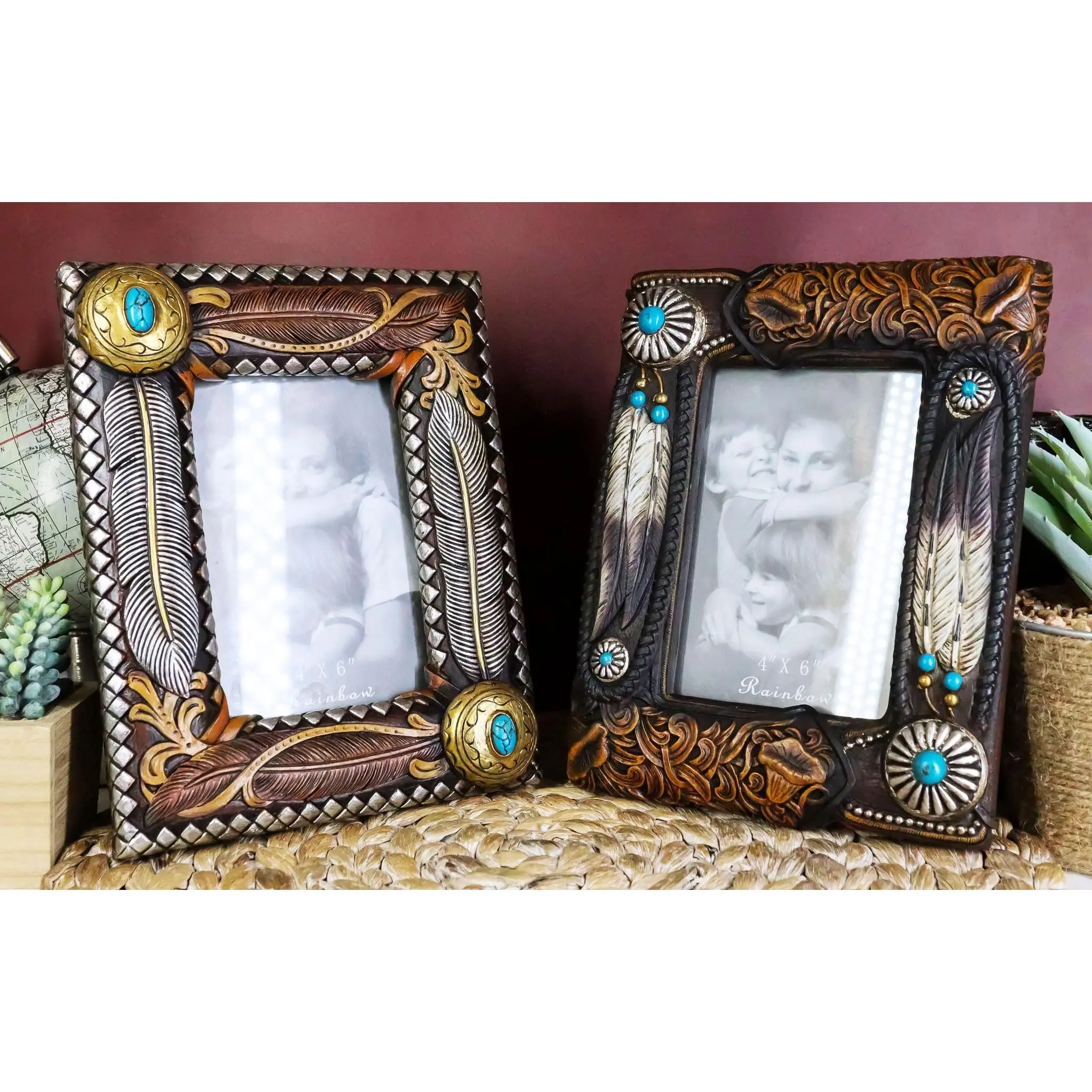 Set Of 2 Rustic Southwestern Boho Feathers Turquoise Gems Scroll Picture Frames