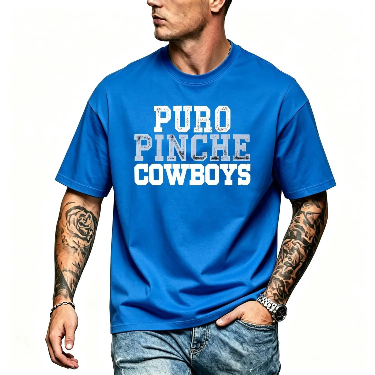 Men's Short Sleeve Crew Neck Casual Graphic Tee - "Puro Pinche Cowboys" Distressed Text Print, Vintage Artistic Design, Comfortable Fit, Machine Washable, Multi-Size