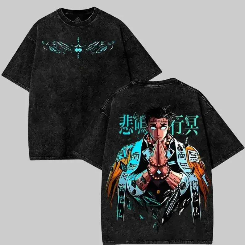 Men's Gyomei Graphic T-Shirt - 230gsm Soft Heavy Cotton Menswear Tops, Acid Wash, Loose-Fitting Crew Neck, Seamless Collar, Shoulder Tape, Short-Sleeve, Durable Streetwear, Round Neck