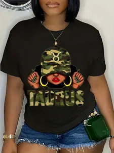 100% Cotton Unisex Taurus Queen Black Woman With Cap Camo Afro Girl Zodiac T-Shirt