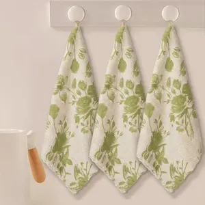5pcs Coral Velvet Kitchen Dishwashing Cloth, Green Rose Print Soft Non-Shedding, Super Absorbent Quick-Drying for Wiping Table Countertop Stove Sink, Home Essential