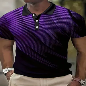 Plus Size Men's Digital Stripes Print Lapel Shirt Fashion Casual Short Sleeve Golf Oversized Tops For Summer, Clothing