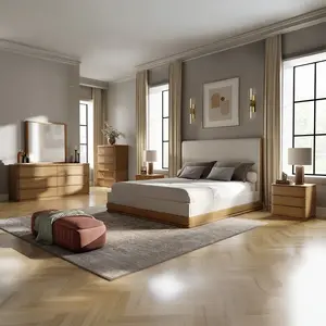 Acme BD04852-4PC Zoey Oak Finish Wood Beige Fabric Upholstered Headboard Modern Queen Bedroom Set with Nightstand Dresser & Mirror