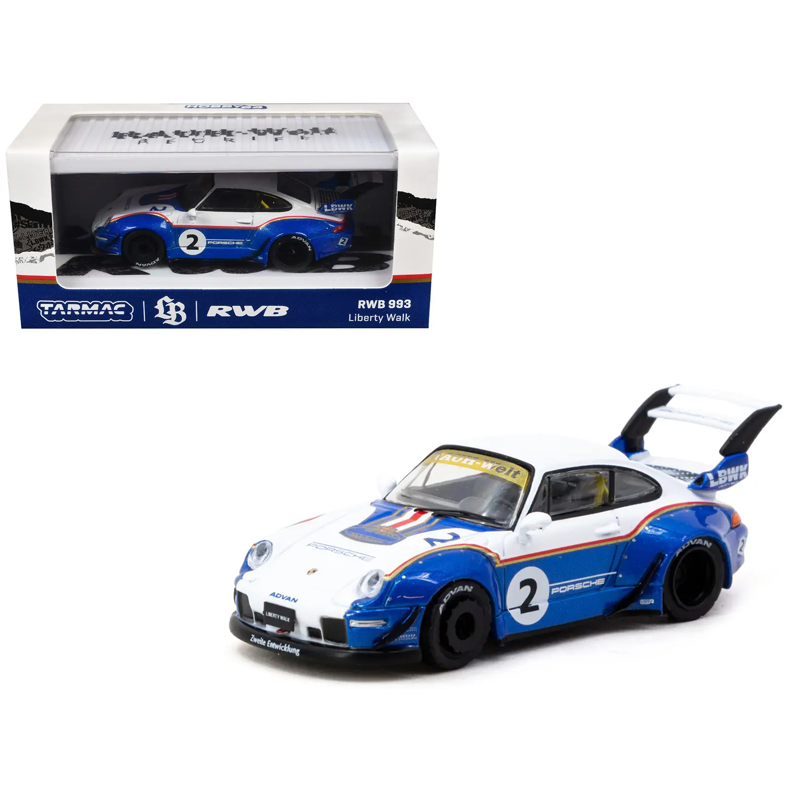 RWB 993 #2 "Liberty Walk" White and Blue Metallic w/Container Packaging "Hobby64" Series 1/64 Diecast Model Car by Tarmac Works