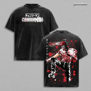 Denji Chainsaw Man Tee – Anime Vintage Washed Oversize T-Shirt Heavy Cotton Menswear Double Printed Unisex Manga Streetwear Retro Fans Edition