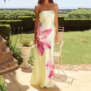 Women's flower strapless dress sexy backless long skirt sleeveless mesh tight fitting tube dress summer beachwearRAIMENTRY