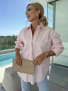 Women's Fashion Lapel Shirt Blouse with Chest Pocket, Striped Design, Stylish, Comfortable and Casual, Perfect for Daily Wear and Office