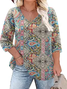 Womens Plus Size Tops V Neck T Shirts 3/4 Sleeve Blouse Summer Casual Tees XL-5X