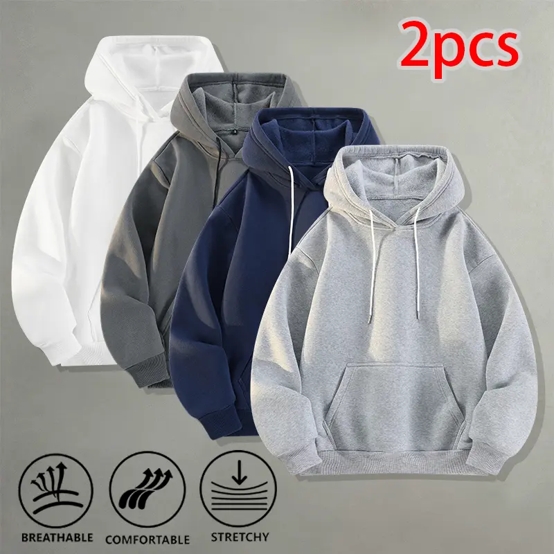 2 Pack Men Solid Color Hooded Sweatshirt Classic Kangaroo Pocket Pullover Hoodie Outdoor Travel Daily Casual Outfit