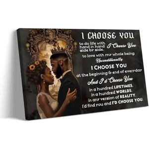 Lnzinro African American Wall Art Black King And Queen Poster Framed Picture I Choose You Inspirational Quotes Wall Decor Couple Prints 12x18 inches