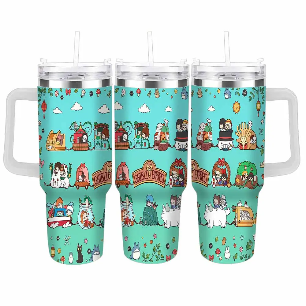 Ghibli Express Cartoon Style Car Cup 40oz/30oz Cute Anime Pattern Colorful Design Double Wall Stainless Steel Tumbler Leakproof Straw Mug Ideal for Office Home Travel Picnic Birthday Gift