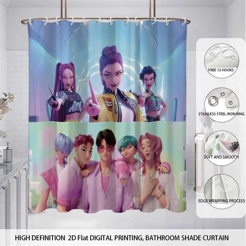 K-POP Demon Hunters Bathroom Set, Shower Curtain Sets Including Shower Curtain with 12 Hooks, Non-Slip Bath Rug, U-Shaped Toilet Mat, Toilet Lid Cover, Bathroom Decoration Accessories