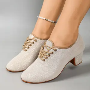 Full Sole Women'S Dance Shoes for Modern Latin And Tango, Closed-Toe Sparkling Dance Sneakers with Laces And Mid Heels