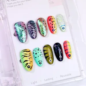 Y2K Fishing Lure Colorful Press On Nails, Trendy Neon Gradient Ocean Fish Cat Eye False Nail Set